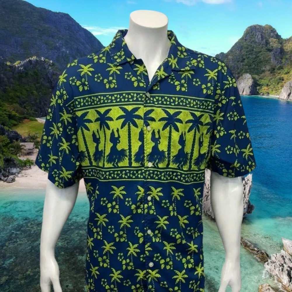 OP Ocean Pacific Hawaiian Hula Girls Dancers Blue Neon Green Magnum PI Shirt LG